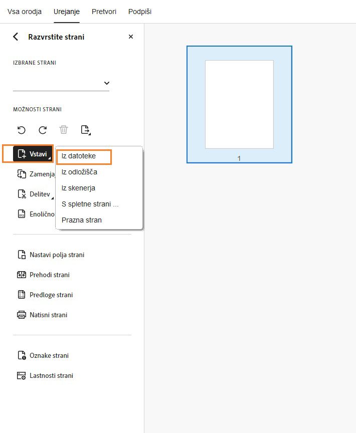 Možnost Vstavi iz datoteke je prikazana v orodju Razvrščanje strani