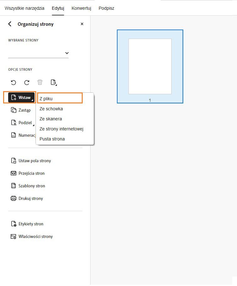 Zostanie wyświetlona opcja Wstaw z pliku w narzędziu Organizuj strony.