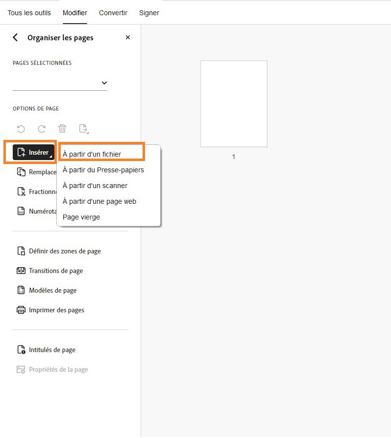 L’option Insérer à partir d’un fichier s’affiche dans l’outil Organiser les pages