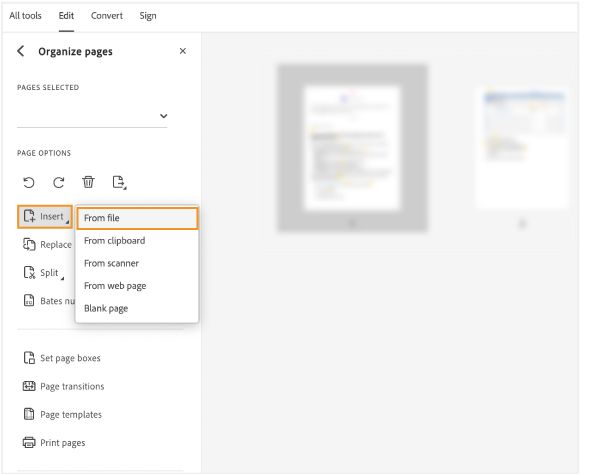האפשרות Insert from file מוצגת בכלי Organize Pages