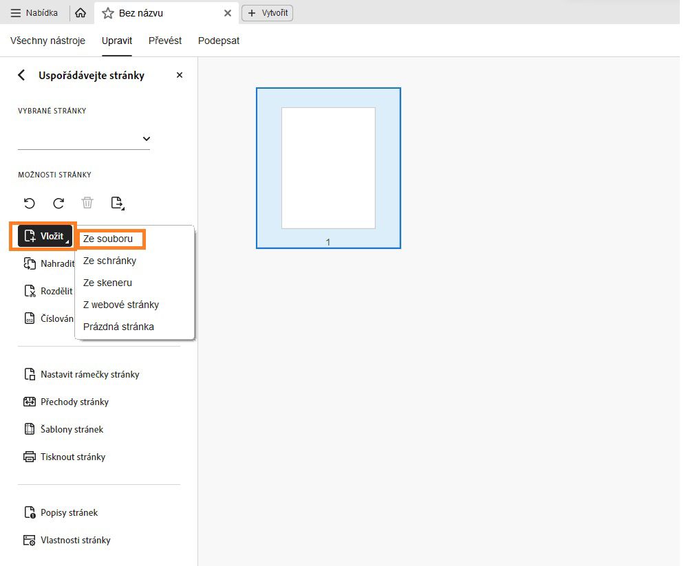 V nástroji Uspořádat stránky se zobrazí možnost Vložit ze souboru