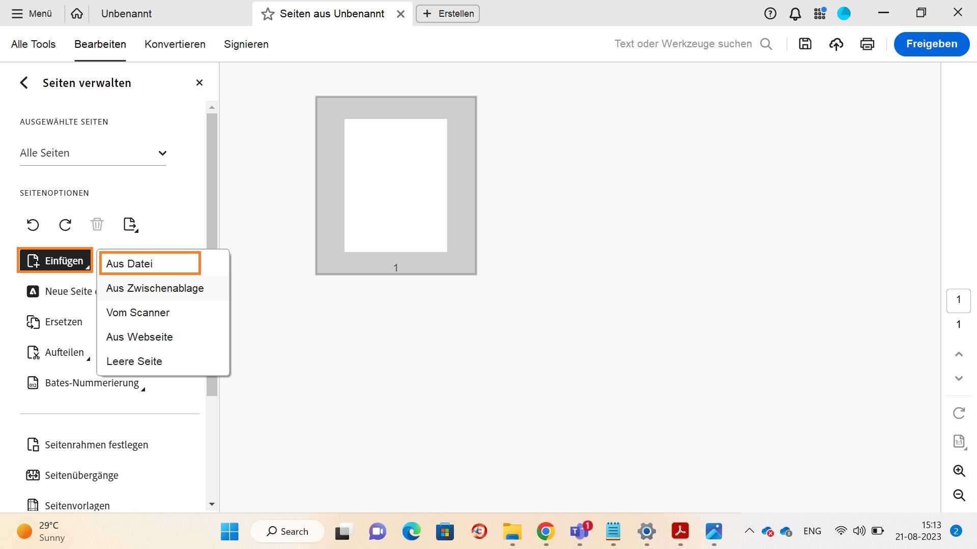 Die Option „Aus Datei einfügen“ wird im Werkzeug „Seiten verwalten“ angezeigt