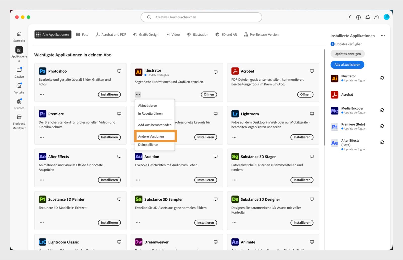 Das Menü „Weitere Aktionen“ bietet die Möglichkeit, ältere Versionen einer Anwendung zu installieren. Du kannst die verfügbaren älteren Versionen jeder Creative Cloud-Anwendung installieren. 