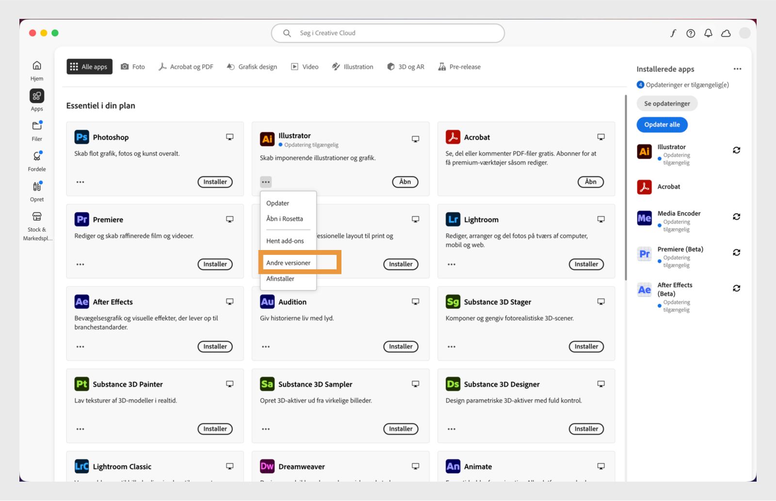 Menuen Flere handlinger giver mulighed for at installere ældre versioner af en app. Du kan installere de tilgængelige ældre versioner af enhver Creative Cloud-app. 