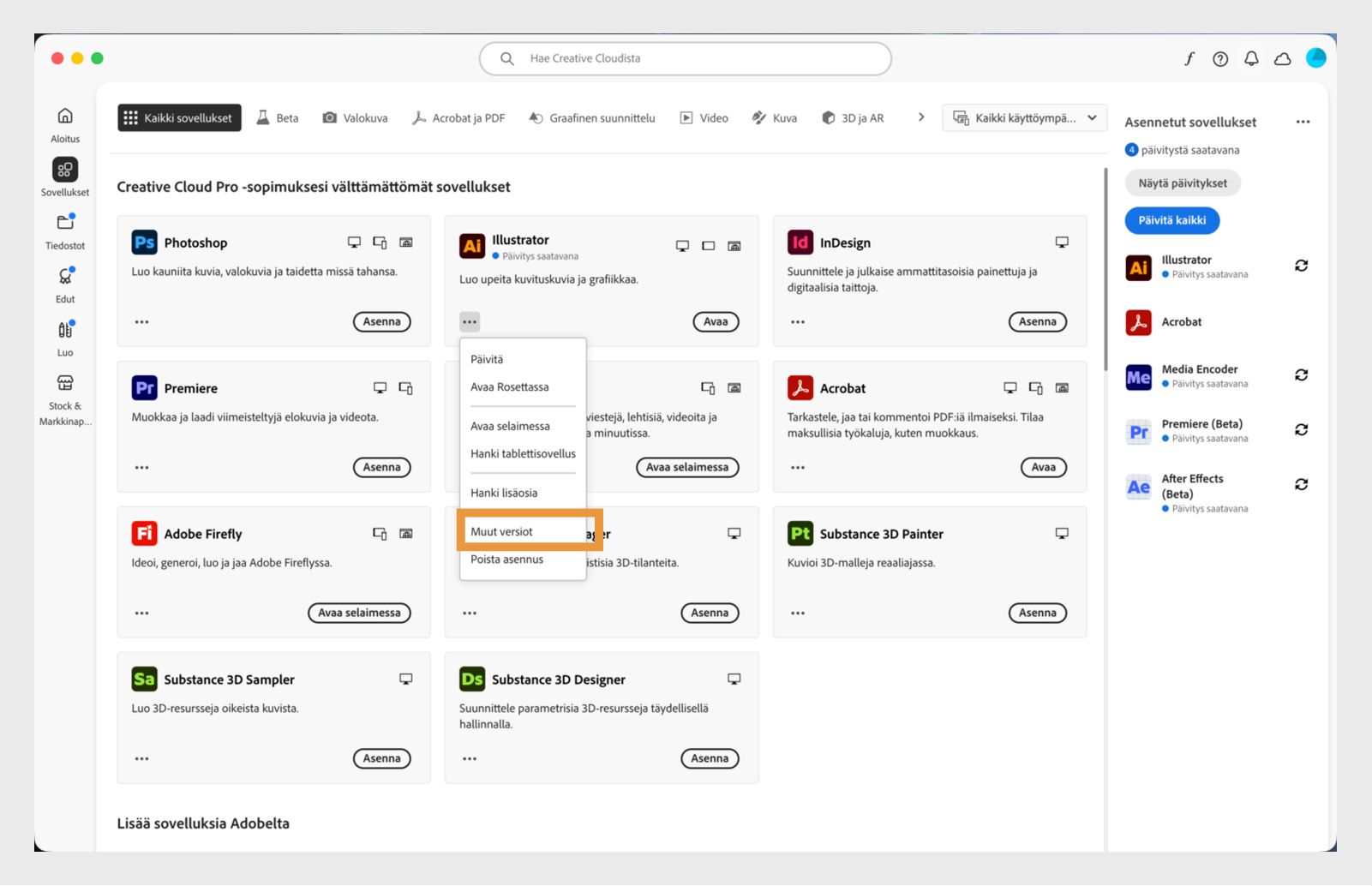 Lisätoiminnot-valikko tarjoaa mahdollisuuden asentaa sovelluksen vanhempia versioita. Voit asentaa minkä tahansa Creative Cloud -sovelluksen saatavilla olevia vanhempia versioita. 