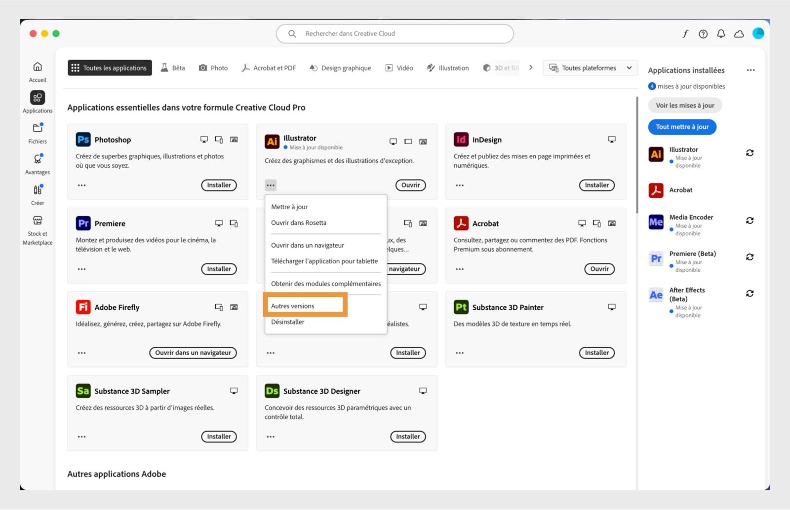 Le menu Plus d'actions offre la possibilité d'installer des versions antérieures d'une application. Vous pouvez installer les versions antérieures disponibles de n'importe quelle application Creative Cloud. 