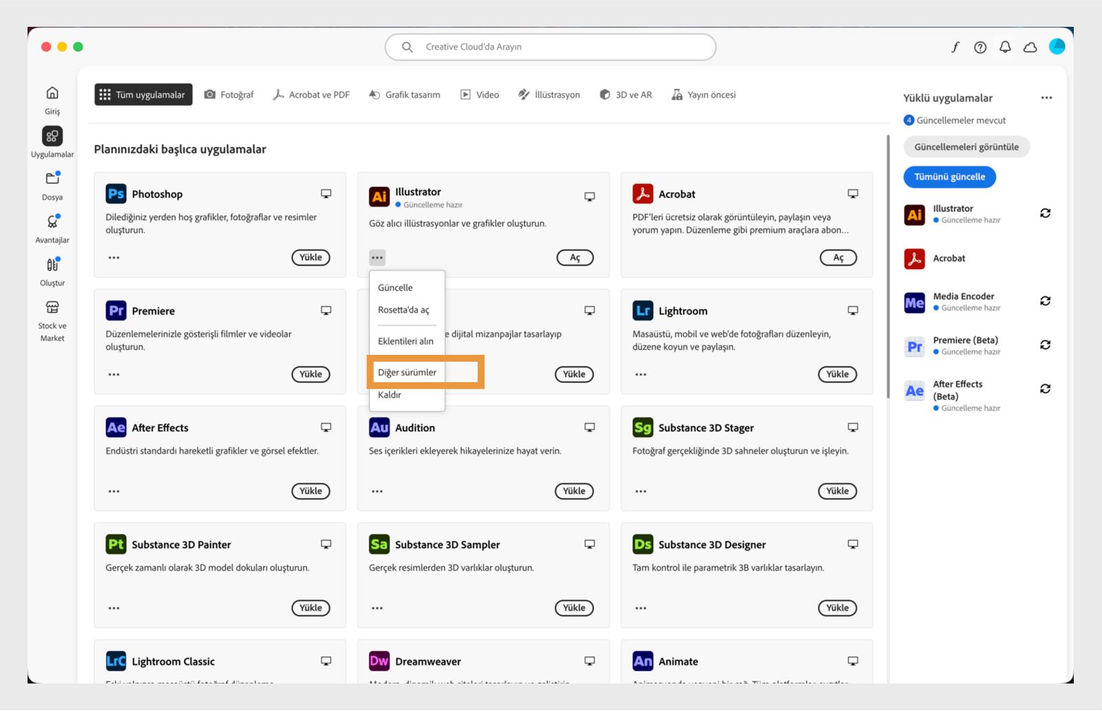 Diğer işlemler menüsü, bir uygulamanın eski sürümlerini yükleme seçeneği sunar. Herhangi bir Creative Cloud uygulamasının mevcut eski sürümlerini yükleyebilirsiniz. 