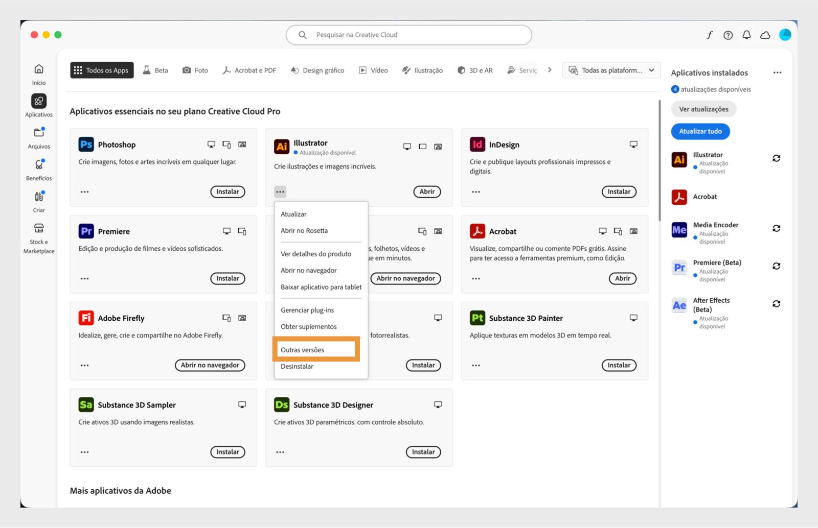 O menu Mais ações oferece a opção de instalar versões anteriores de um aplicativo. Você pode instalar as versões anteriores disponíveis de qualquer aplicativo da Creative Cloud. 