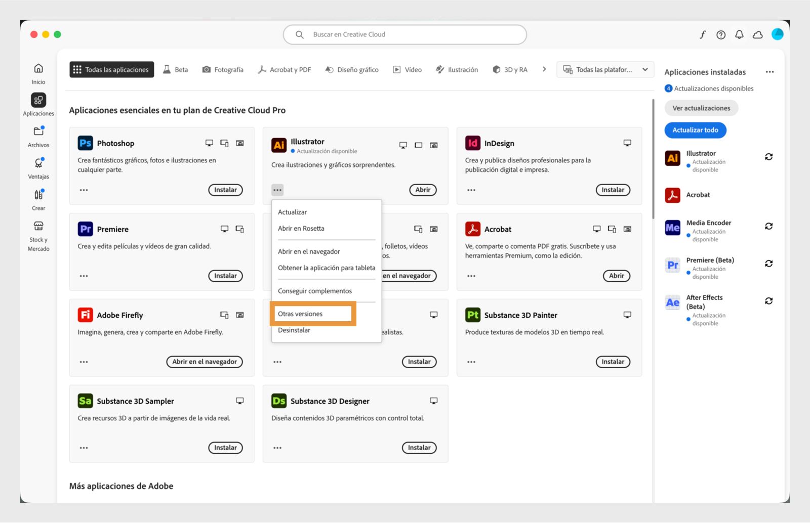 El menú Más acciones proporciona la opción de instalar versiones anteriores de una aplicación. Puede instalar las versiones anteriores disponibles de cualquier aplicación de Creative Cloud. 