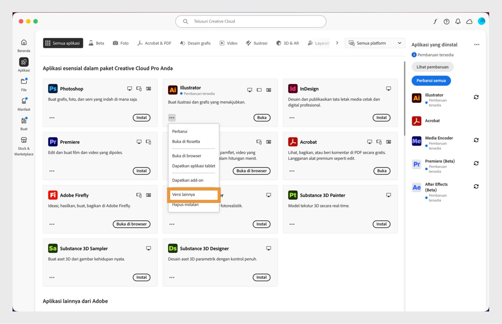 Menu Tindakan lainnya menyediakan opsi untuk menginstal versi lama dari suatu aplikasi. Anda dapat menginstal versi lama yang tersedia dari aplikasi Creative Cloud mana pun. 
