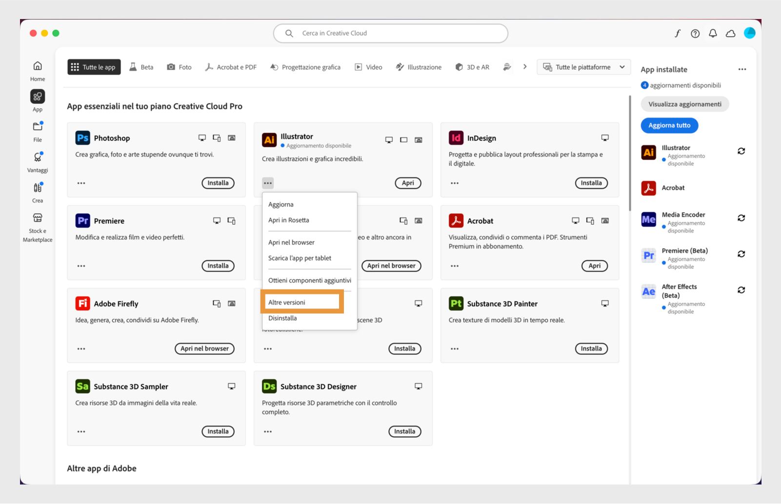 Il menu Altre azioni offre l'opzione di installare le versioni precedenti di un'applicazione. È possibile installare le versioni precedenti disponibili di qualsiasi applicazione Creative Cloud. 