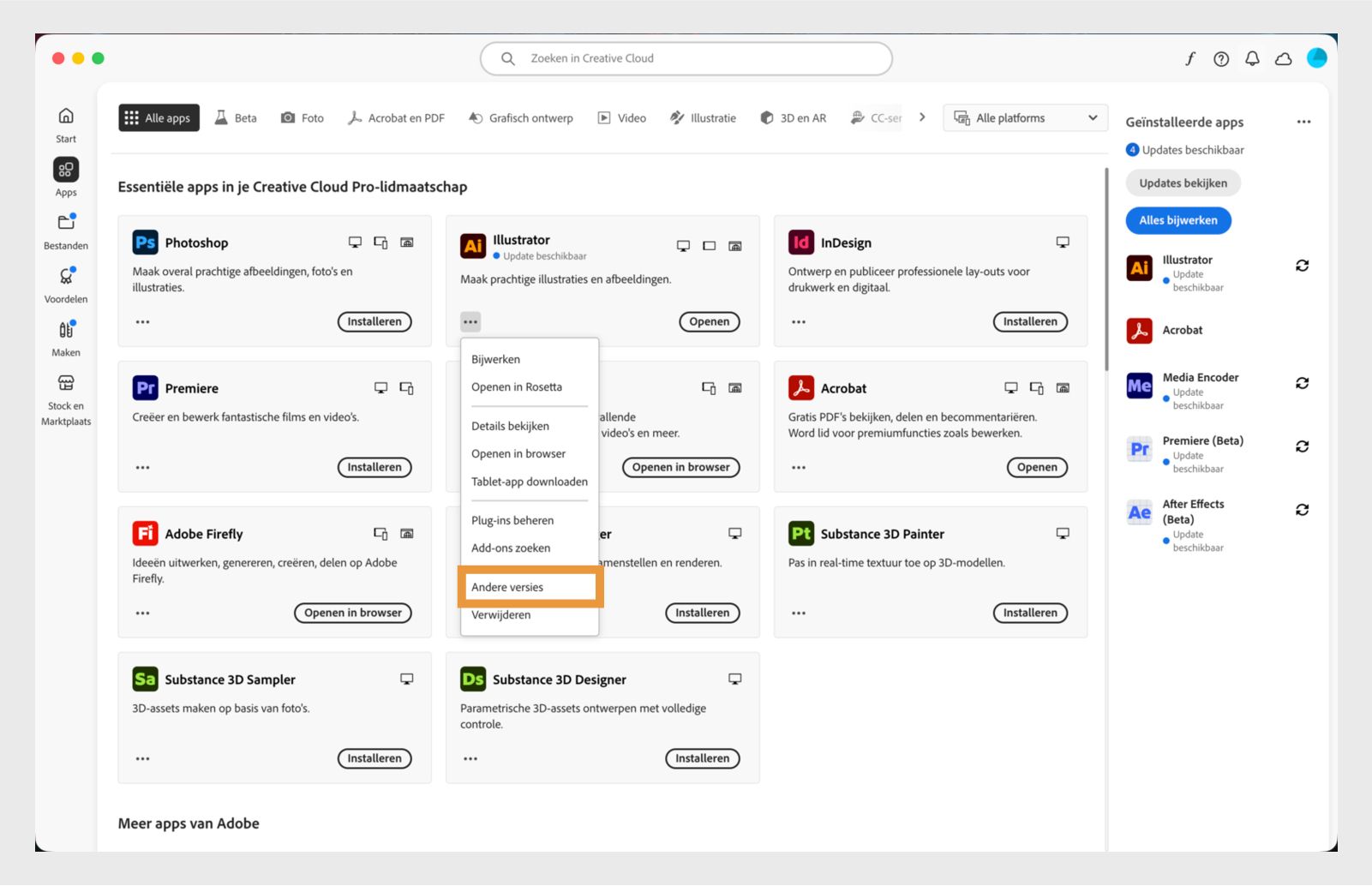 Het menu Meer acties biedt de optie om eerdere versies van een app te installeren. U kunt de beschikbare eerdere versies van elke Creative Cloud-app installeren. 