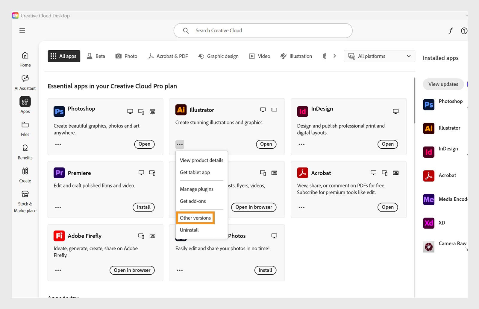 The More actions menu provides the option to install older versions of an app. You can install the available older versions of any Creative Cloud app. 