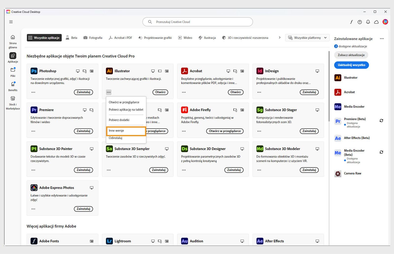Menu Więcej działań umożliwia instalację starszych wersji aplikacji. Można zainstalować dostępne starsze wersje dowolnej aplikacji Creative Cloud. 