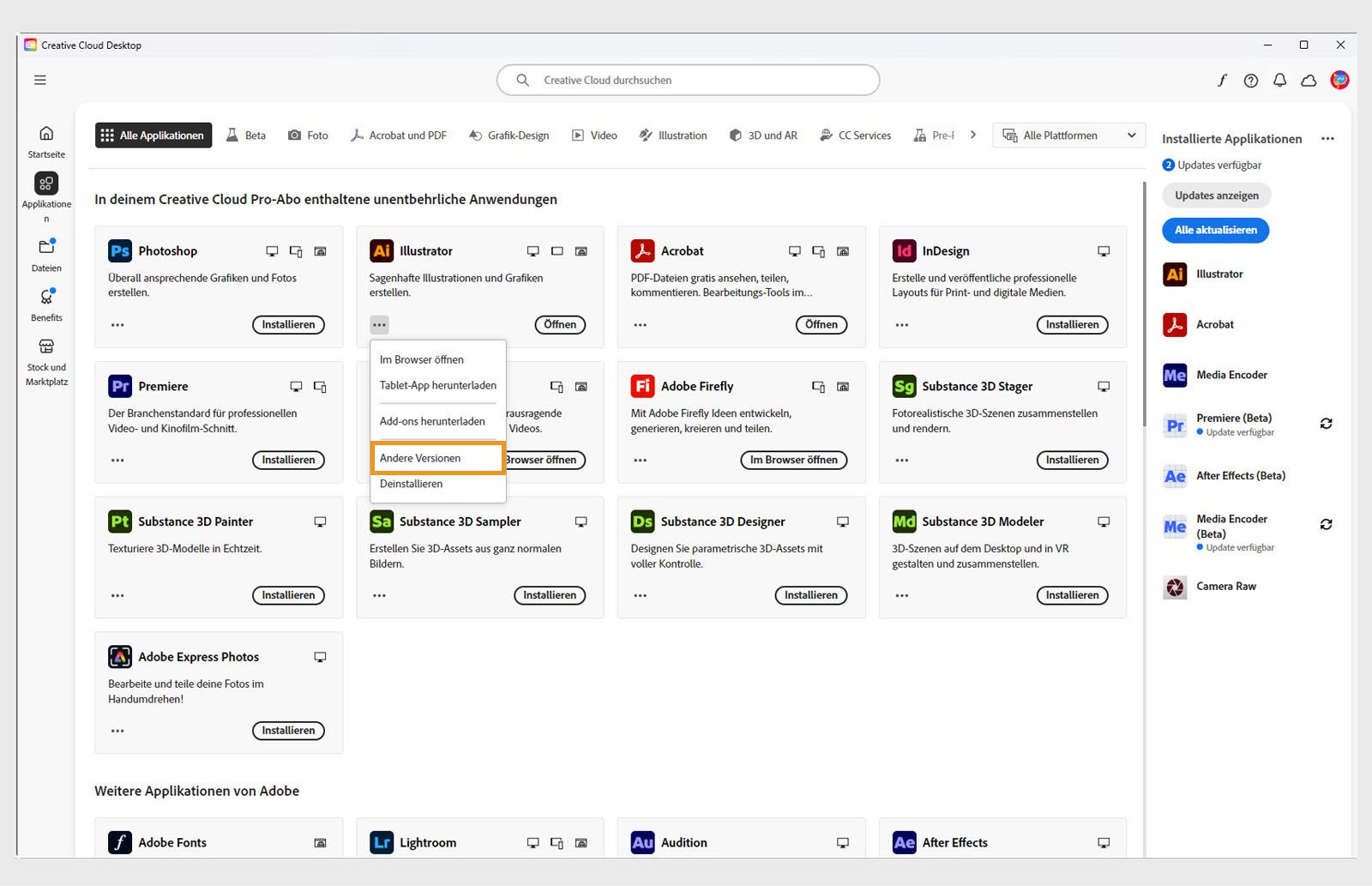 Das Menü „Weitere Aktionen“ bietet die Möglichkeit, ältere Versionen einer Anwendung zu installieren. Du kannst die verfügbaren älteren Versionen jeder Creative Cloud-Anwendung installieren. 