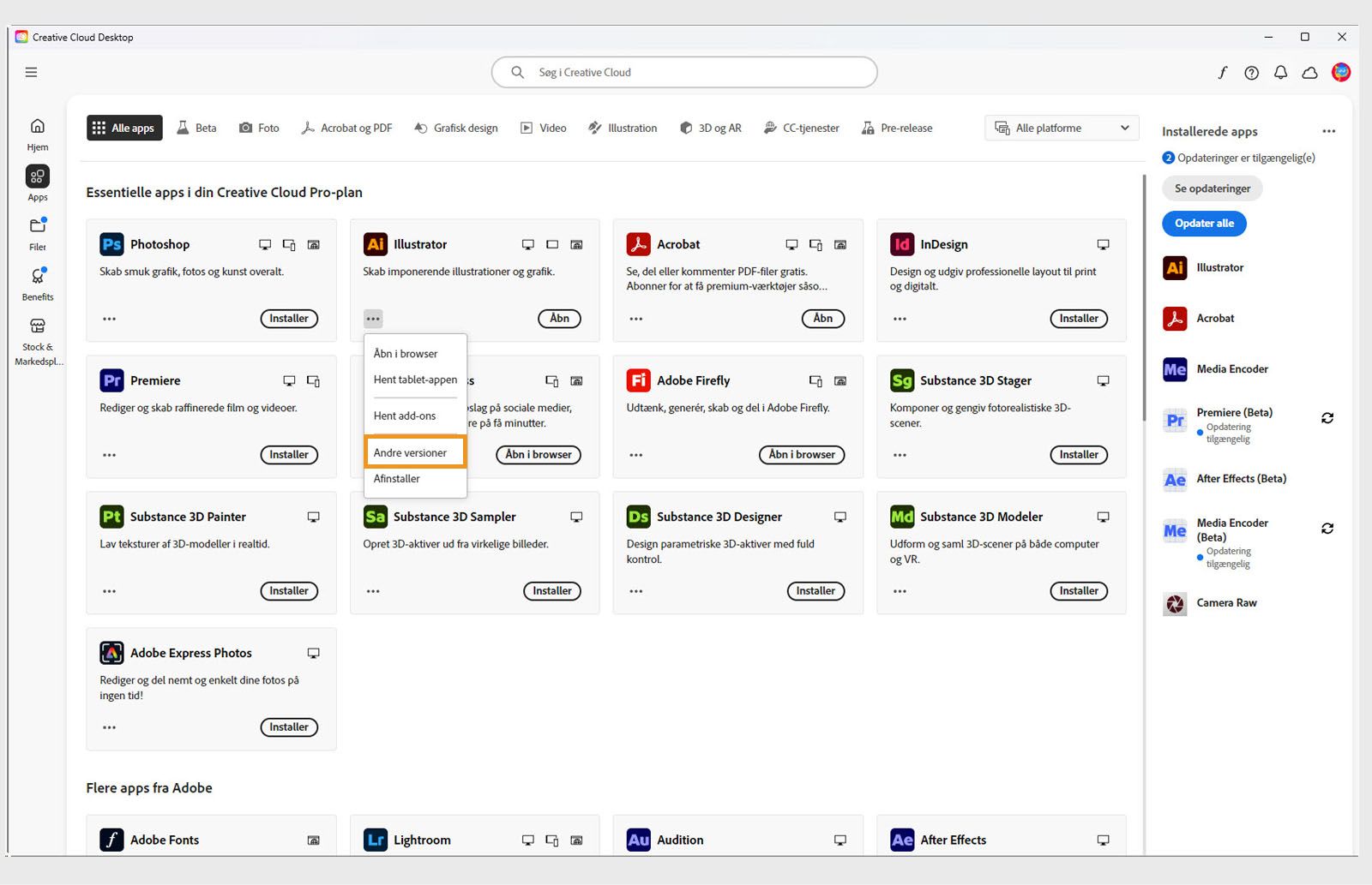 Menuen Flere handlinger giver mulighed for at installere ældre versioner af en app. Du kan installere de tilgængelige ældre versioner af enhver Creative Cloud-app. 