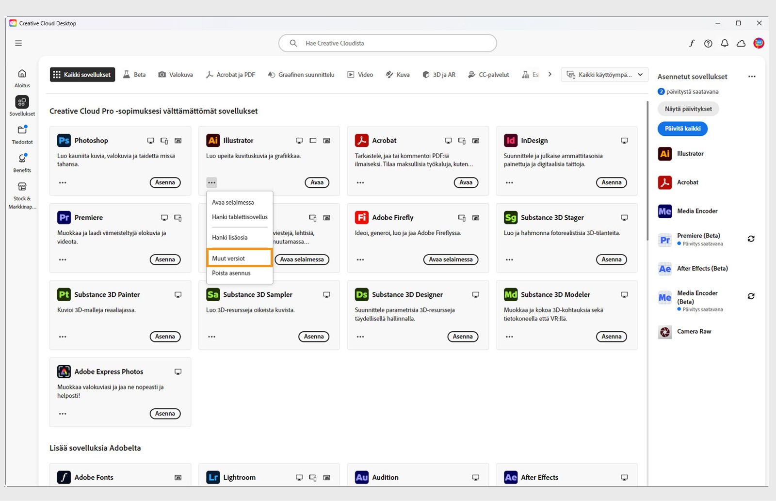Lisätoiminnot-valikko tarjoaa mahdollisuuden asentaa sovelluksen vanhempia versioita. Voit asentaa minkä tahansa Creative Cloud -sovelluksen saatavilla olevia vanhempia versioita. 