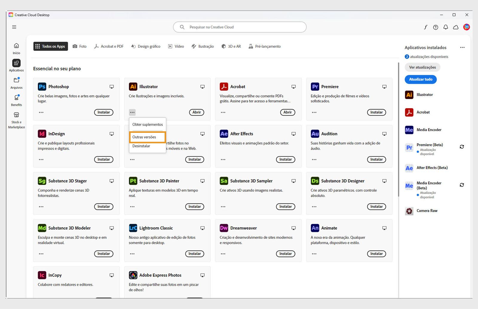 O menu Mais ações oferece a opção de instalar versões anteriores de um aplicativo. Você pode instalar as versões anteriores disponíveis de qualquer aplicativo da Creative Cloud. 