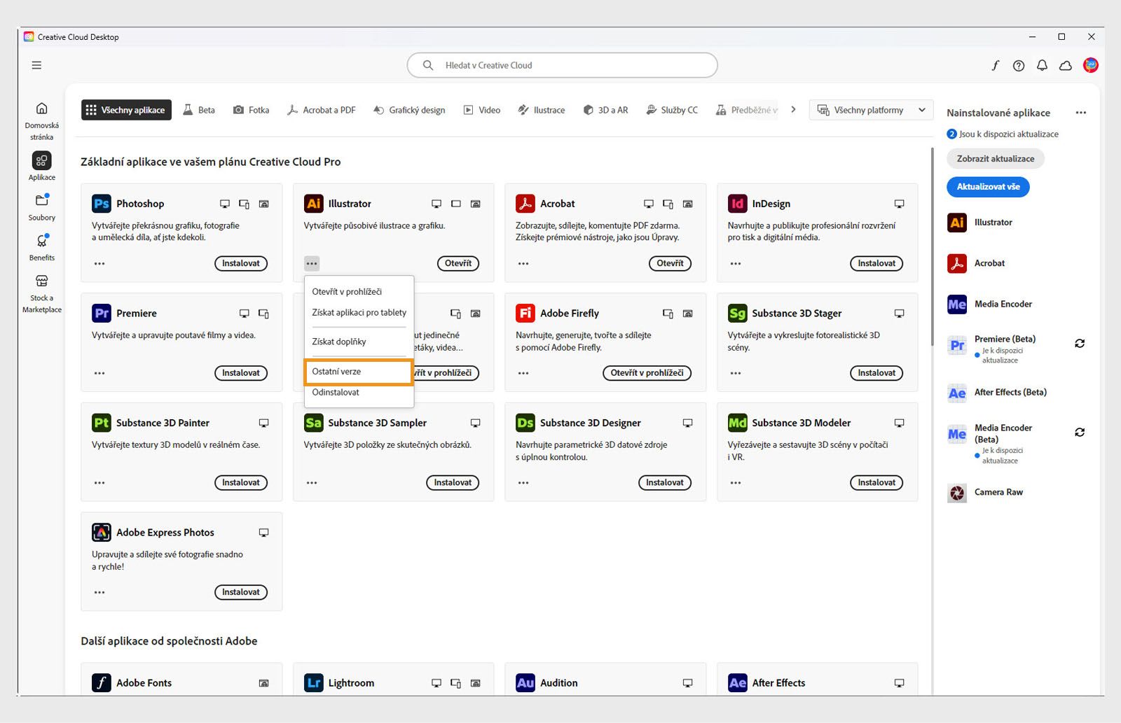 Nabídka Další akce poskytuje možnost instalace starších verzí aplikace. Můžete nainstalovat dostupné starší verze jakékoli aplikace Creative Cloud. 
