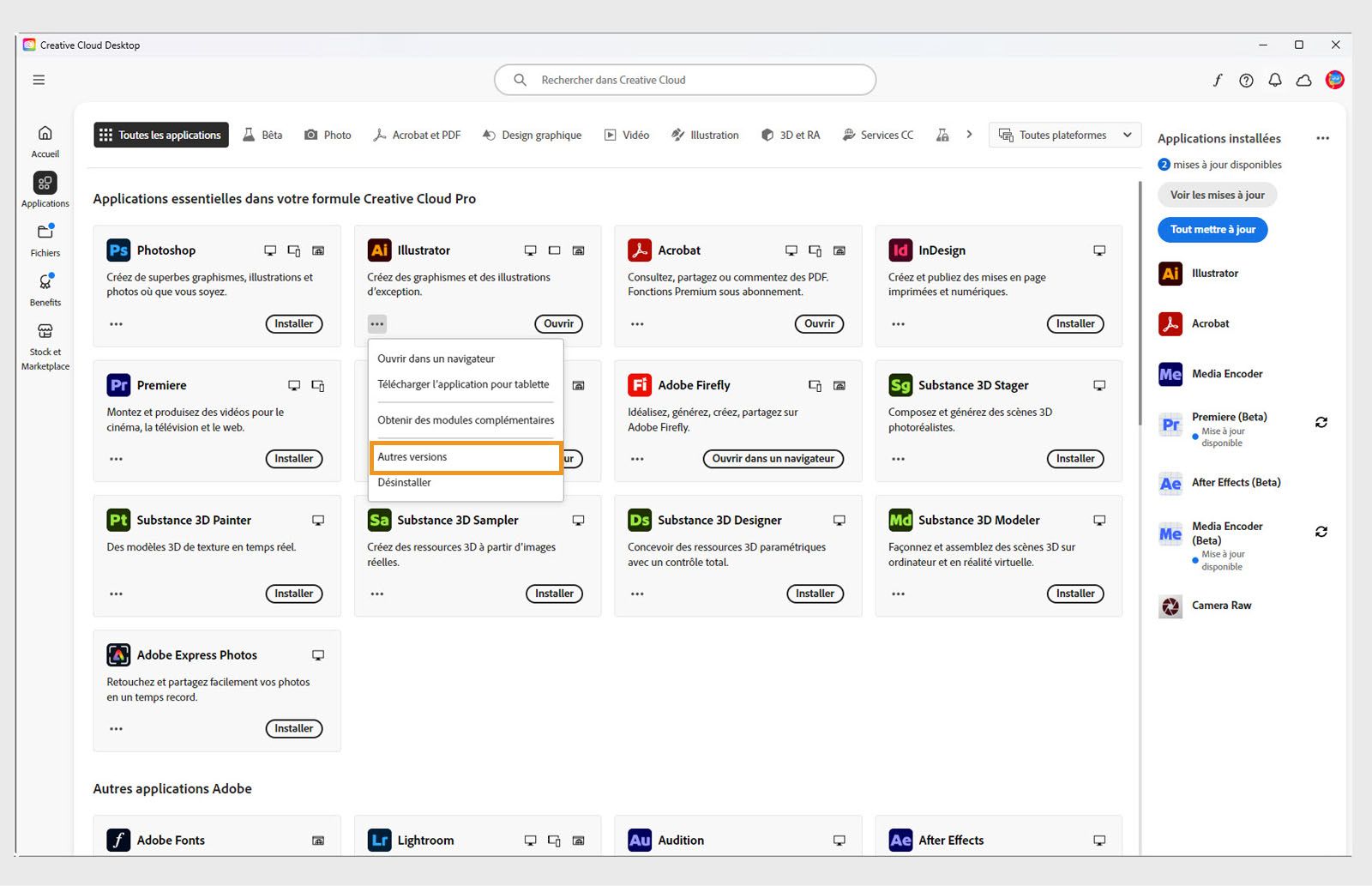 Le menu Plus d'actions offre la possibilité d'installer des versions antérieures d'une application. Vous pouvez installer les versions antérieures disponibles de n'importe quelle application Creative Cloud. 