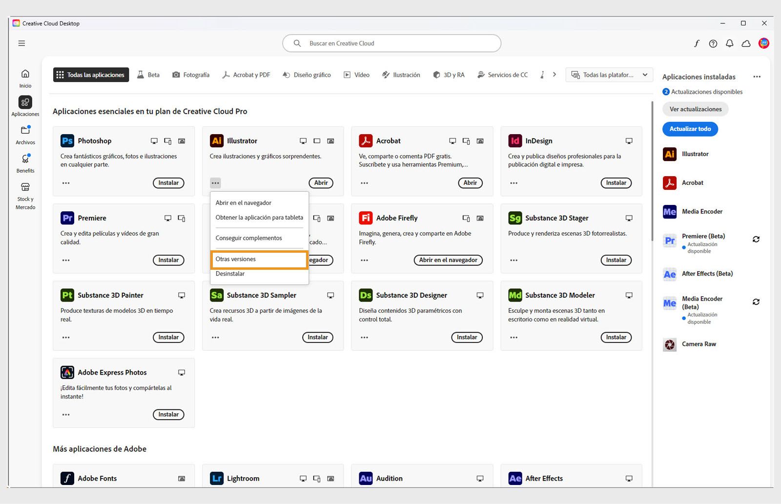 El menú Más acciones proporciona la opción de instalar versiones anteriores de una aplicación. Puede instalar las versiones anteriores disponibles de cualquier aplicación de Creative Cloud. 