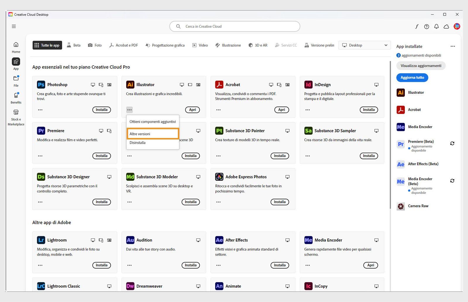 Il menu Altre azioni offre l'opzione di installare le versioni precedenti di un'applicazione. È possibile installare le versioni precedenti disponibili di qualsiasi applicazione Creative Cloud. 