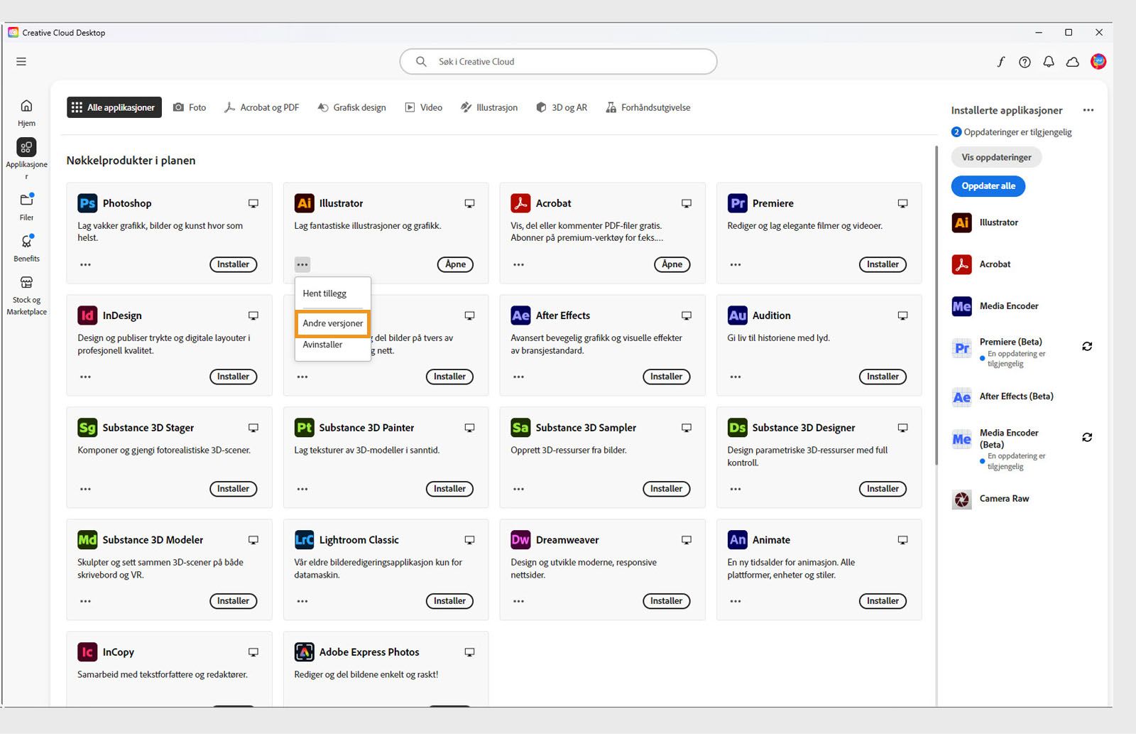 Menyen Flere handlinger gir muligheten til å installere eldre versjoner av en app. Du kan installere de tilgjengelige eldre versjonene av enhver Creative Cloud-app. 