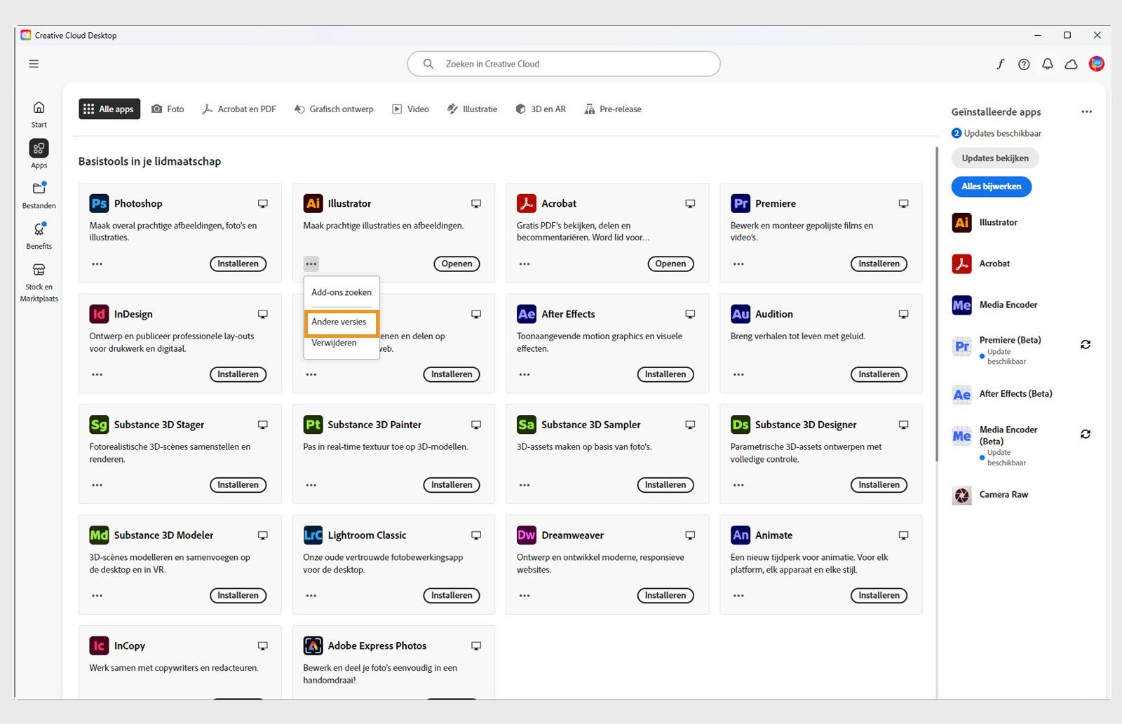 Het menu Meer acties biedt de optie om eerdere versies van een app te installeren. U kunt de beschikbare eerdere versies van elke Creative Cloud-app installeren. 