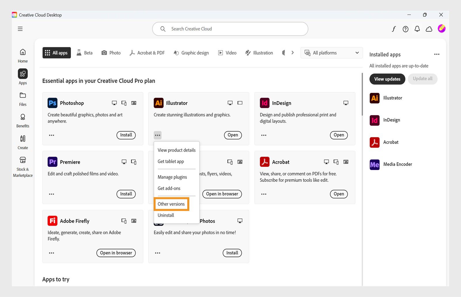 The More actions menu provides the option to install older versions of an app. You can install the available older versions of any Creative Cloud app. 