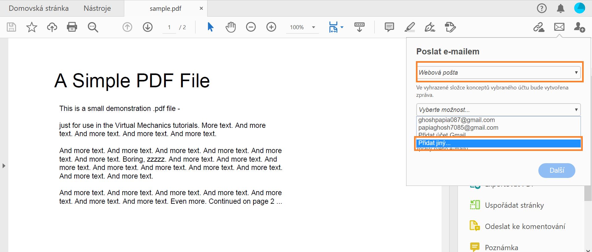 Přidání další webové pošty