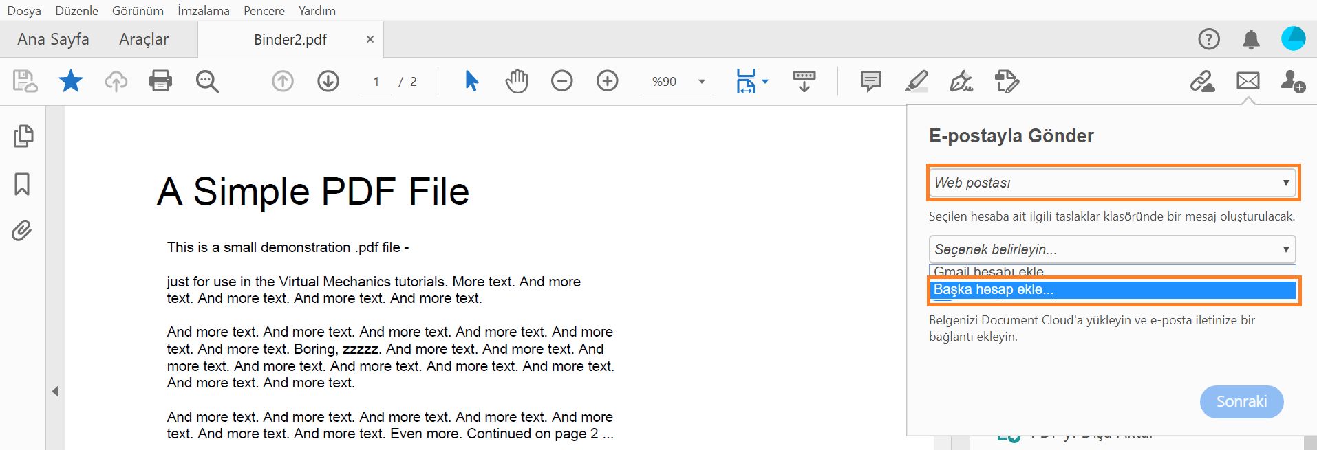 Başka web postası hesabı ekleme