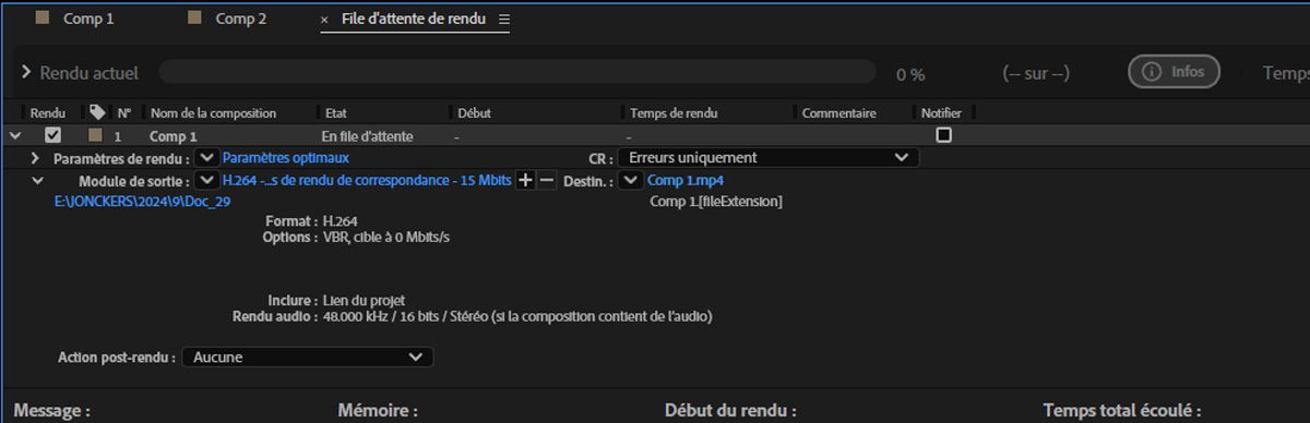 La boîte de dialogue Paramètres du module de sortie est ouverte les détails de la sortie y sont répertoriés.