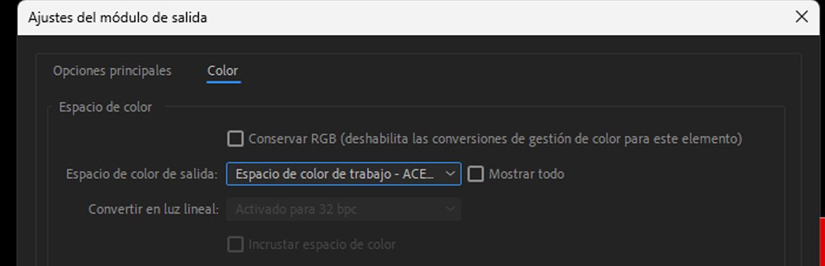 Se abre el cuadro de diálogo Configuración del módulo de salida y, en la pestaña Color, hay varias opciones para configurar y gestionar diversos ajustes de los medios importados, incluida la gestión del color.