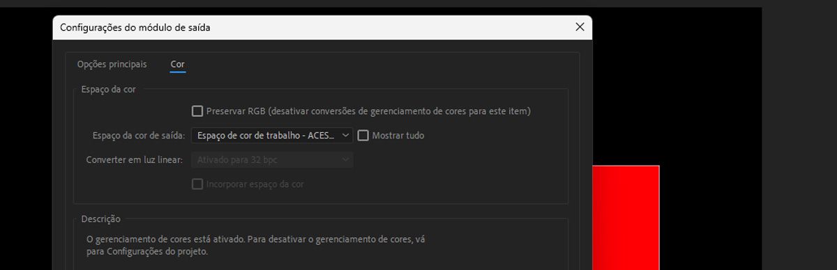 A caixa de diálogo Configurações do módulo de saída aberta com várias configurações para definir e gerenciar a mídia importada na guia Cor, incluindo o gerenciamento de cores.