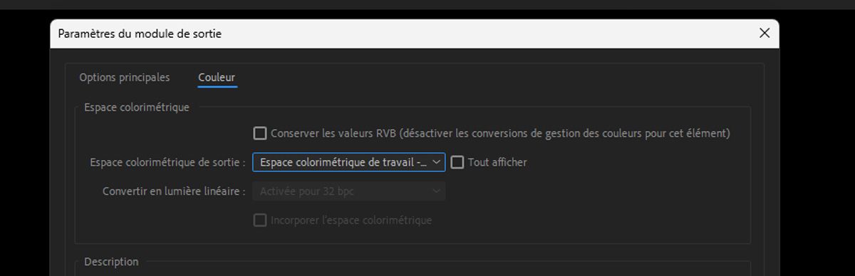 La boîte de dialogue Paramètres du module de sortie est ouverte et, sous l’onglet Couleur, plusieurs paramètres permettent de configurer et de gérer les différents paramètres de votre média importé, y compris la gestion des couleurs.