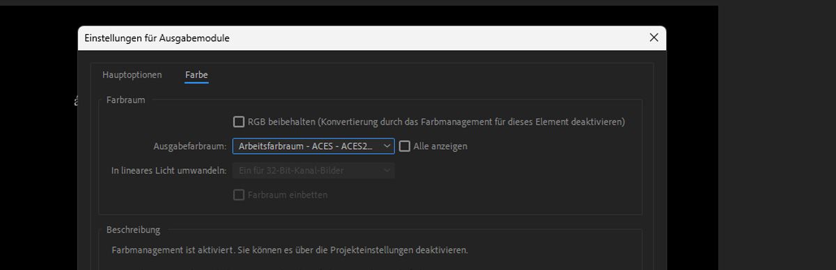 Das Dialogfeld „Einstellungen für Ausgabemodule“ ist geöffnet und auf der Registerkarte „Farbe“ sind mehrere Einstellungen zu sehen, mit denen verschiedene Einstellungen für die importierten Medien konfiguriert und verwaltet werden können, einschließlich des Farb-Managements.