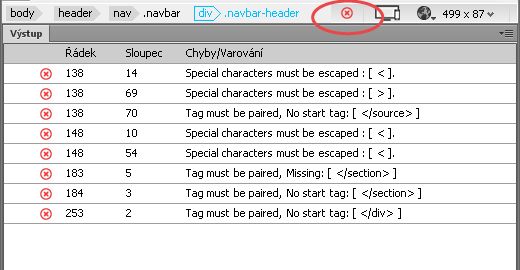 Panel Výstup s&nbsp;výsledky lintingu