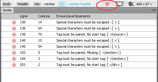 Panneau Sortie comprenant les résultats de l’analyse Linting