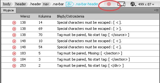 Panel Wyjście zawierający wyniki lintingu