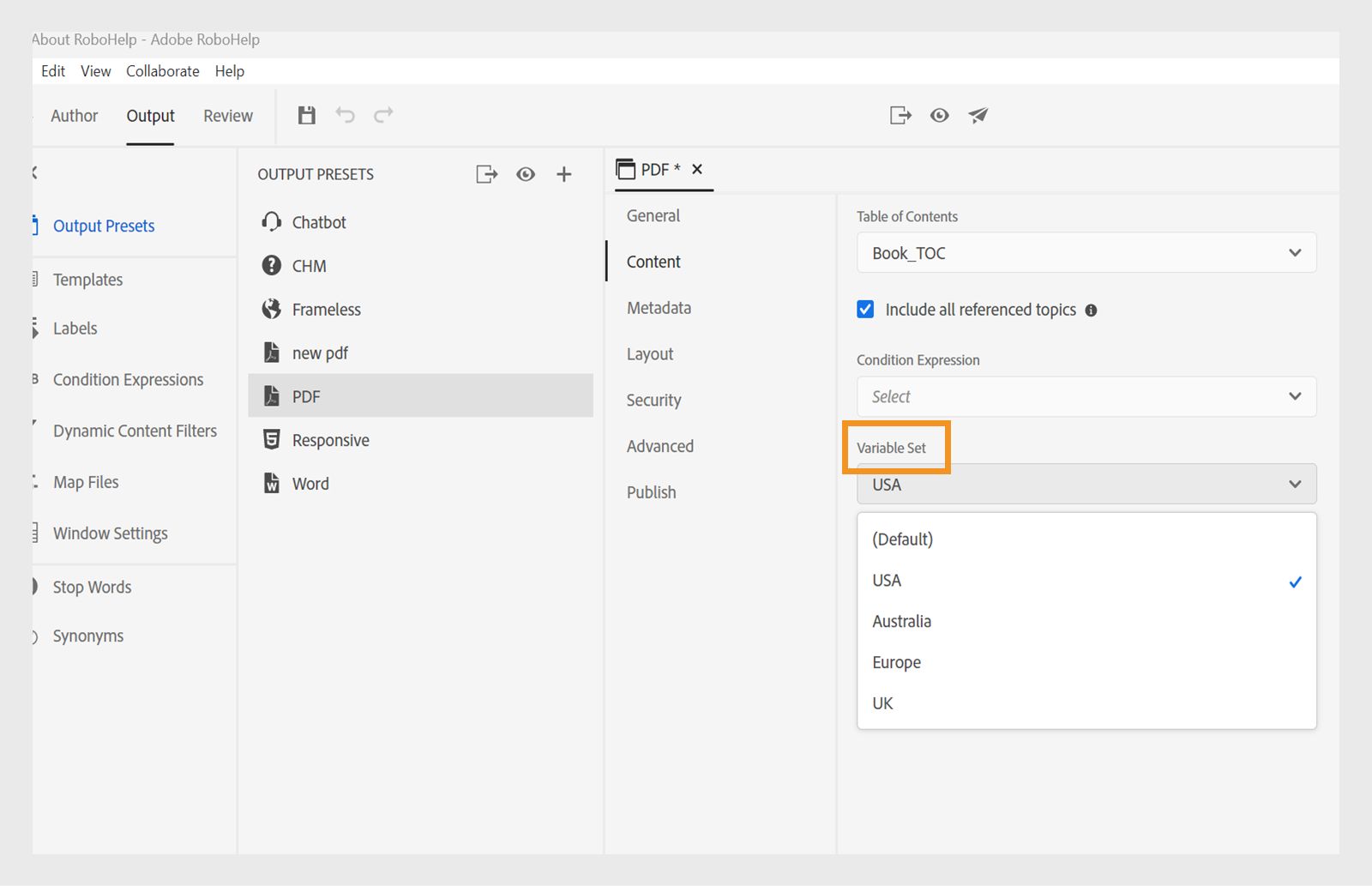 generating output with variable set