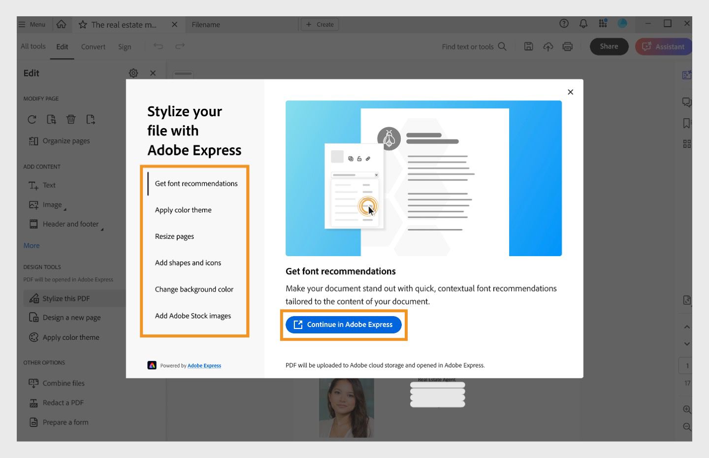 Acrobat 내 Adobe Express의 기능을 나타내는 배너.