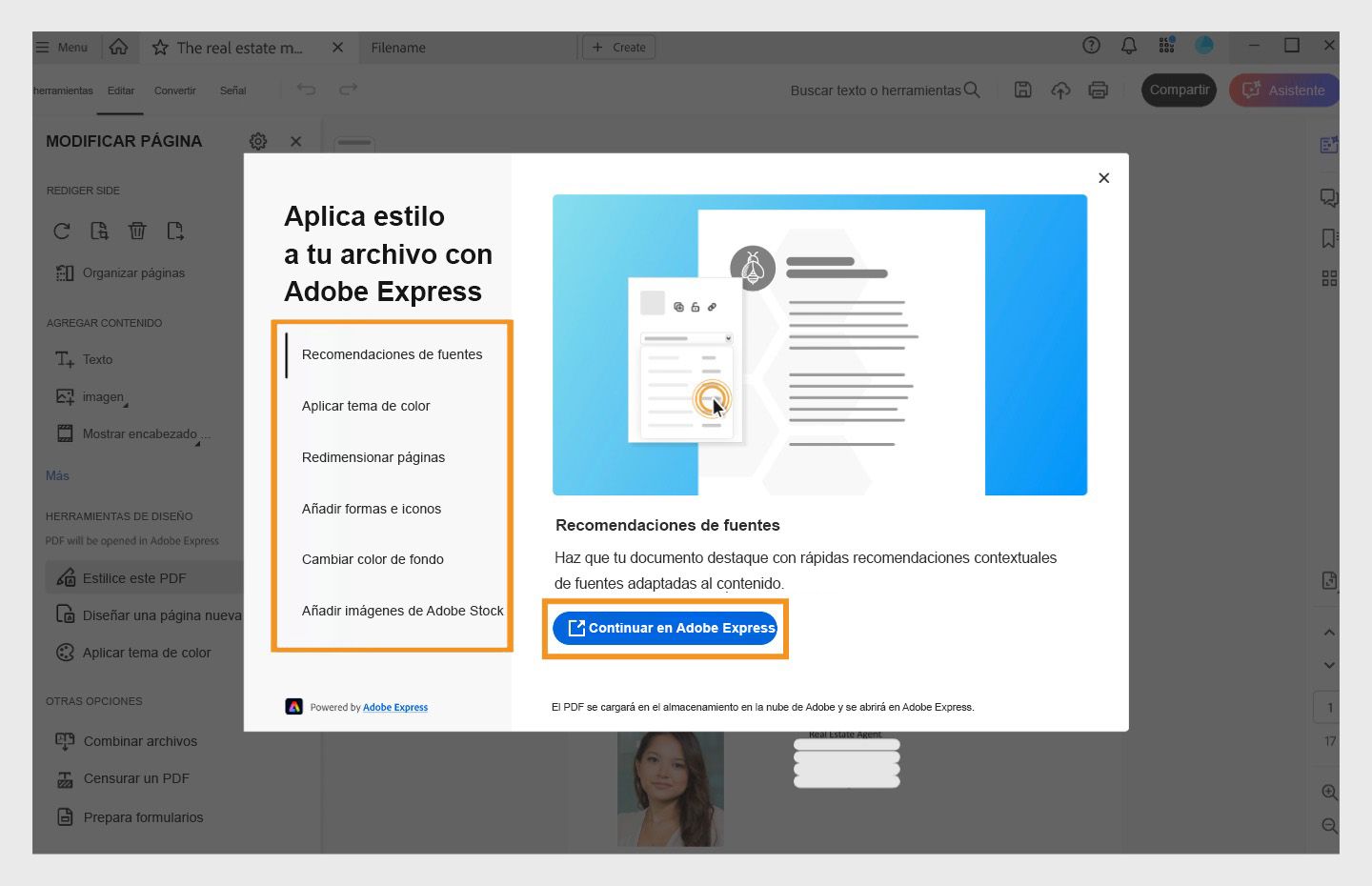 Un banner que muestra las funciones de Adobe Express en Acrobat.