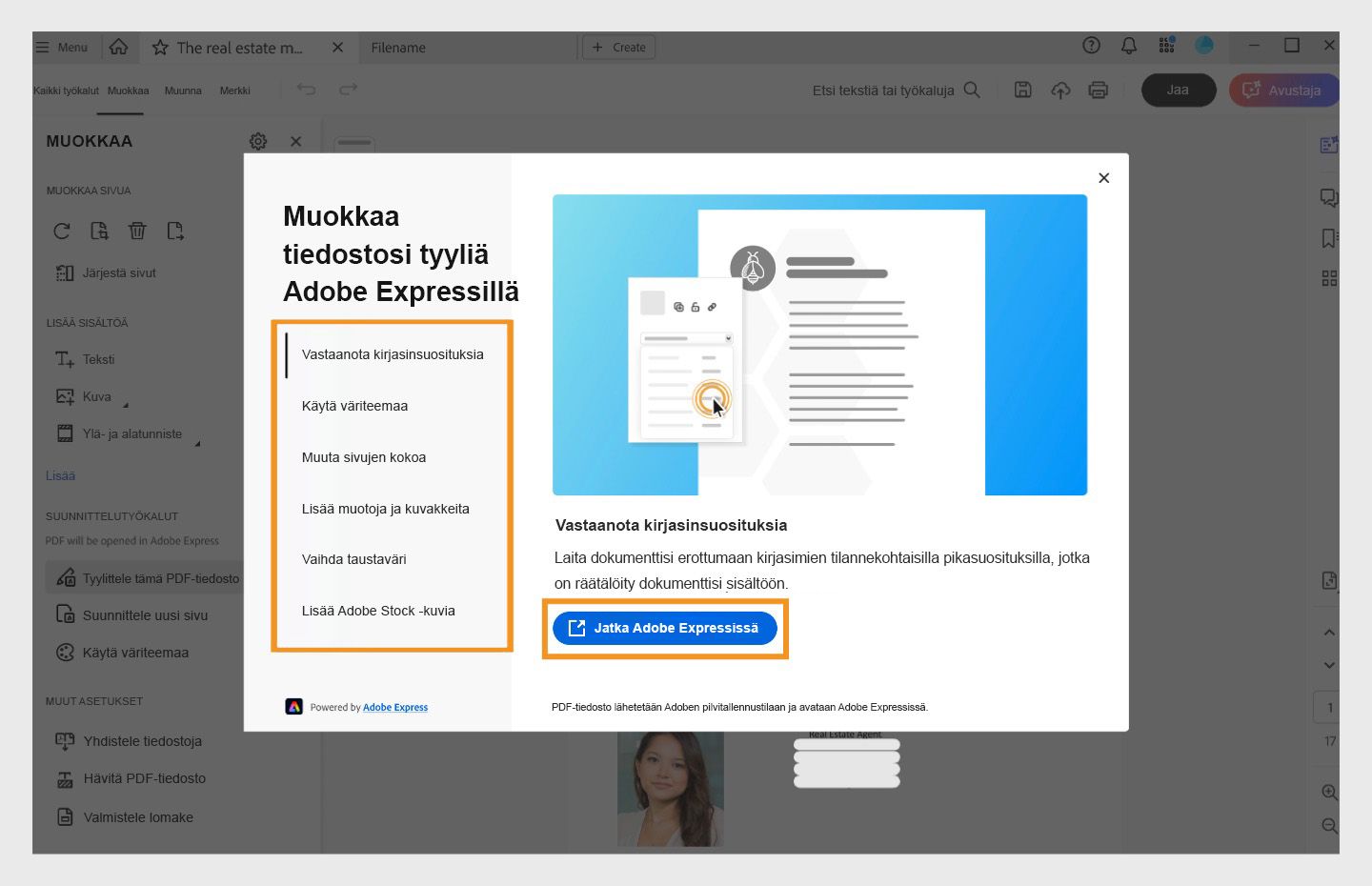 Acrobatin sisäisiä Adobe Expressin ominaisuuksia sisältävä banneri.