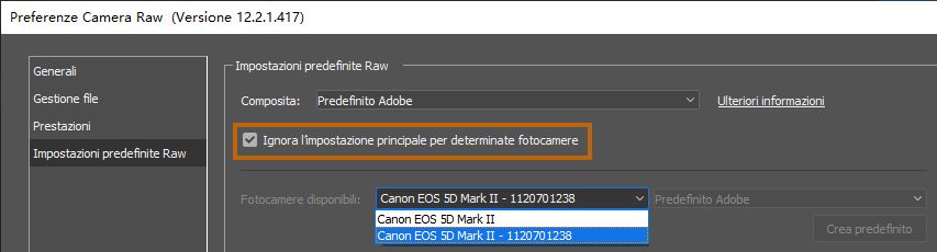 Impostazione di valori predefiniti raw specifici per il modello di fotocamera