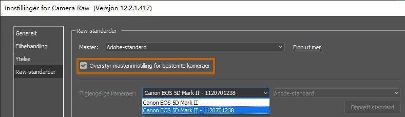 Angi raw-standarder som er spesifikke for kameramodellen