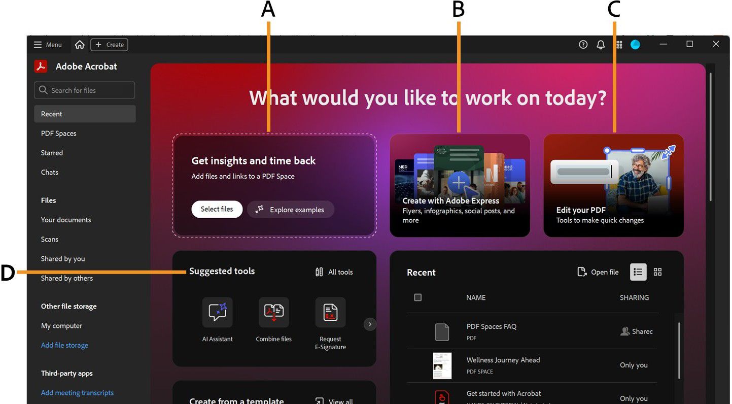 Home page di Acrobat ridisegnata che indica gli strumenti per creare un PDF Space, progettare documenti con i modelli di Adobe Express e modificare i PDF.