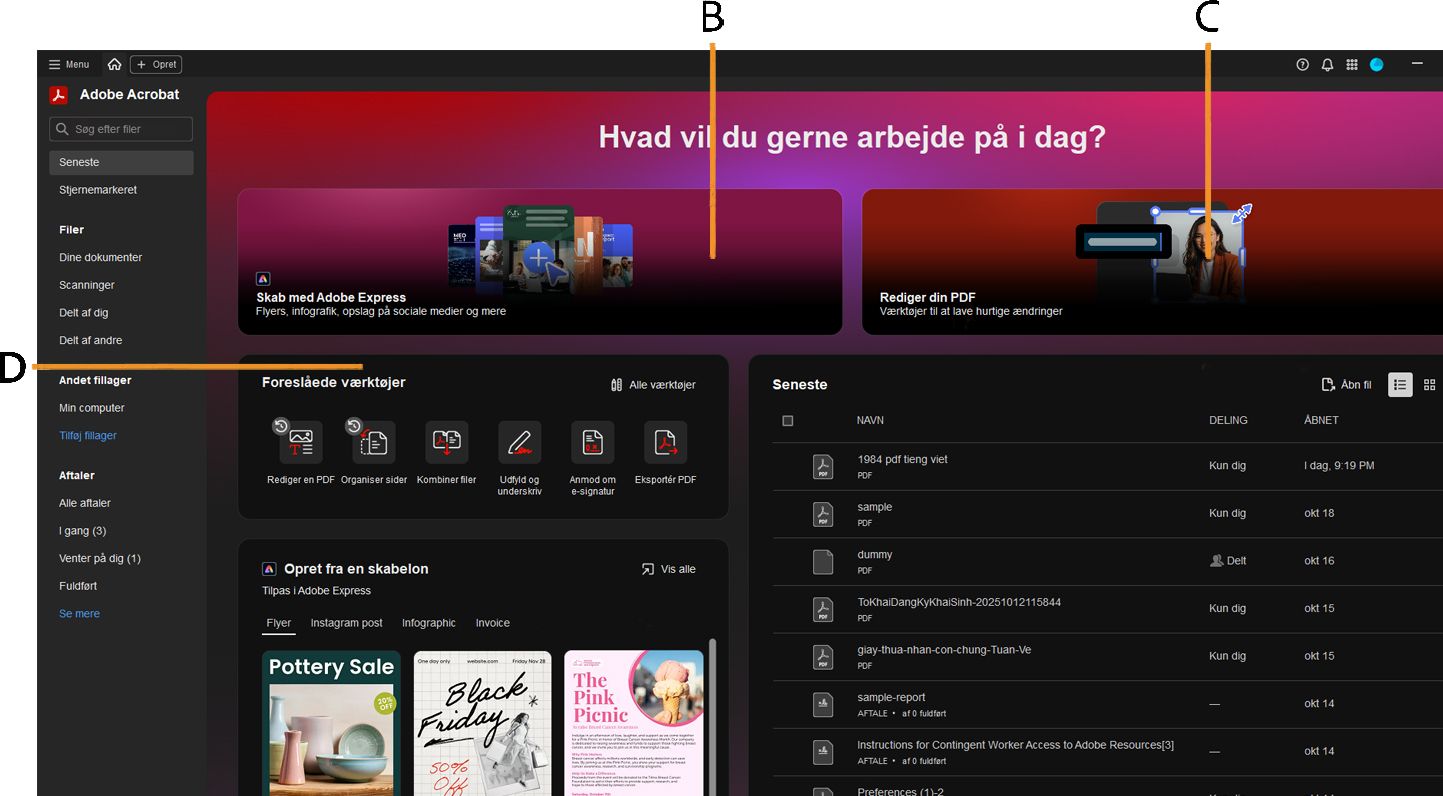 Redesignet Acrobat-startside, der peger på værktøjer til at oprette et PDF Space, designe dokumenter med Adobe Express-skabeloner og redigere PDF'er.