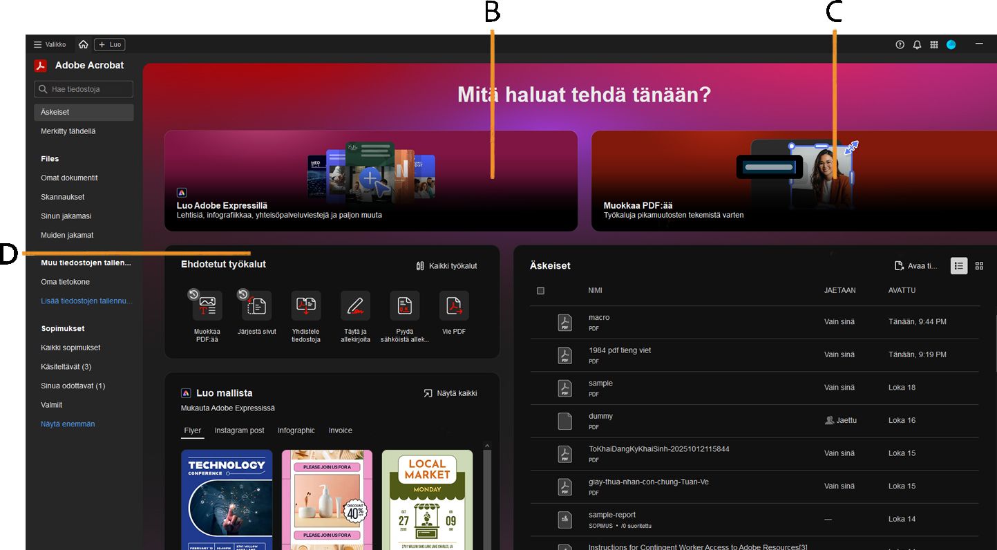 Uudistettu Acrobatin aloitussivu, jossa on työkalut PDF Space -tilan luomiseen, asiakirjojen suunnitteluun Adobe Express -malleilla ja PDF-tiedostojen muokkaamiseen.