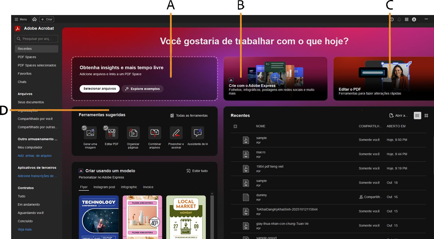 Página inicial do Acrobat redesenhada, apontando para ferramentas de criação de um PDF Space, design de documentos com modelos do Adobe Express e edição de PDFs.