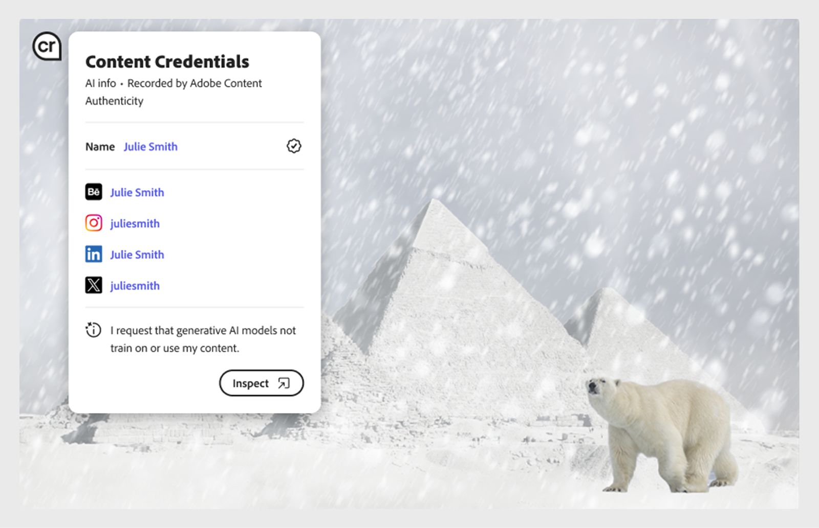 La pantalla muestra la imagen de un oso blanco cubierto de nieve.  Pase el puntero por encima del icono Cr de la imagen que quiera inspeccionar y verá las Content Credentials vinculadas. 